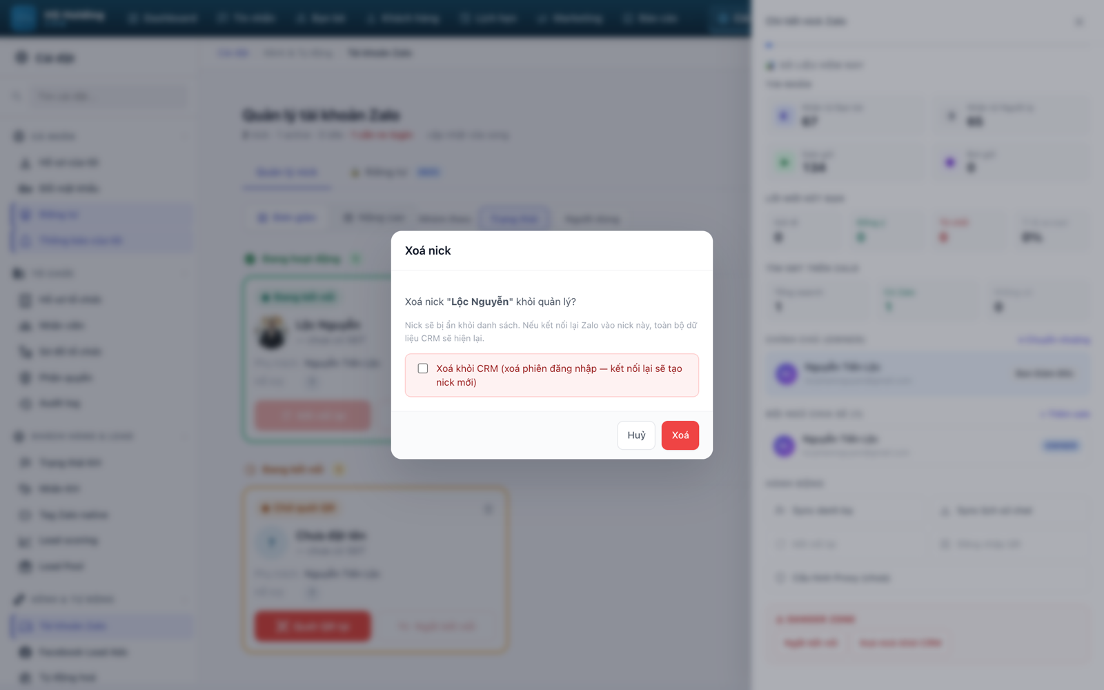Popup Xoá nick khỏi CRM