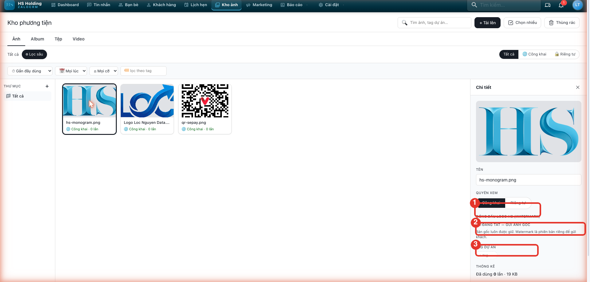 Panel Chi tiết — Tên, Quyền xem, Watermark, Tag dự án