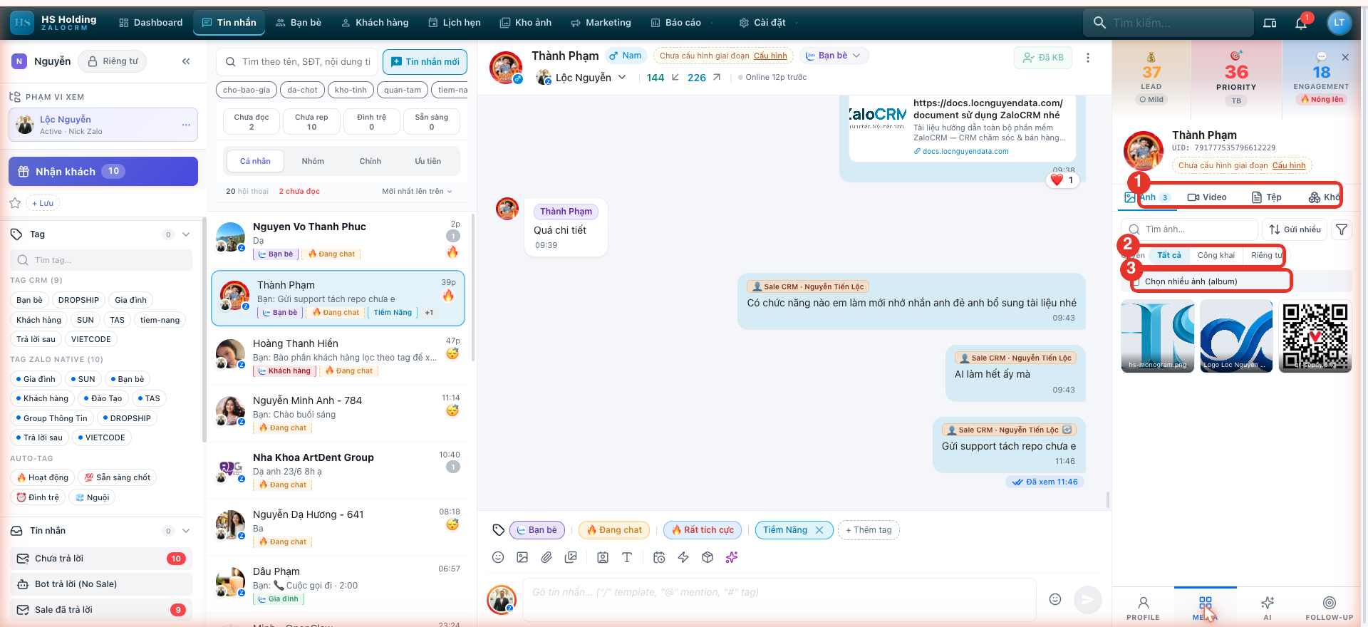 Cột Media trong Chat — tab con, lọc quyền, chọn album, lưới ảnh