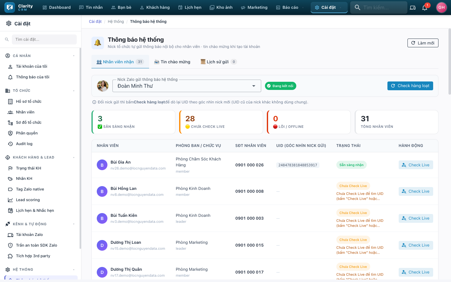 Tab Nhân viên nhận — UID + trạng thái + Check Live