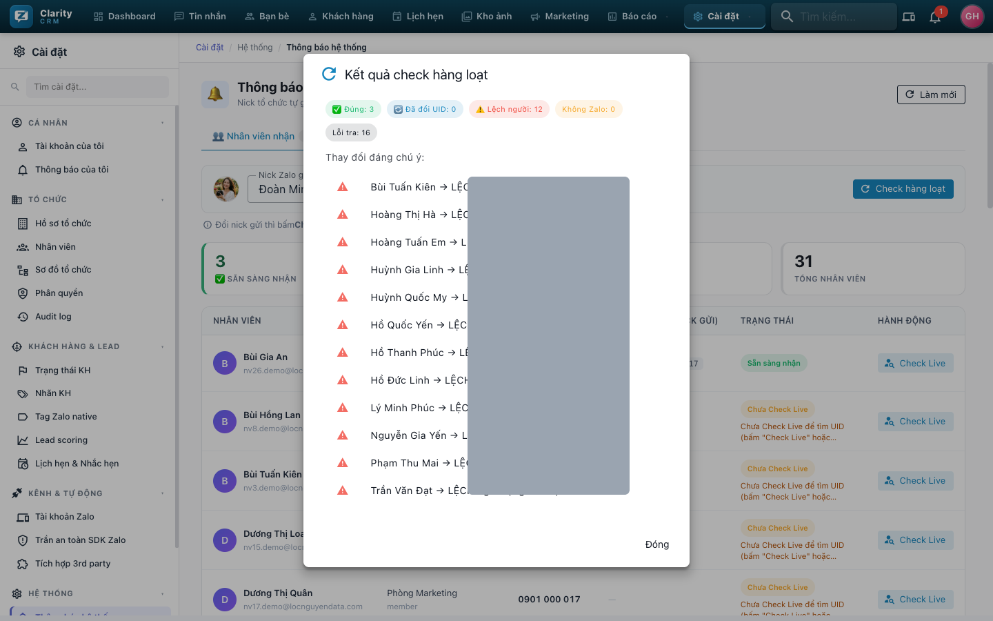 Bảng kết quả Check hàng loạt