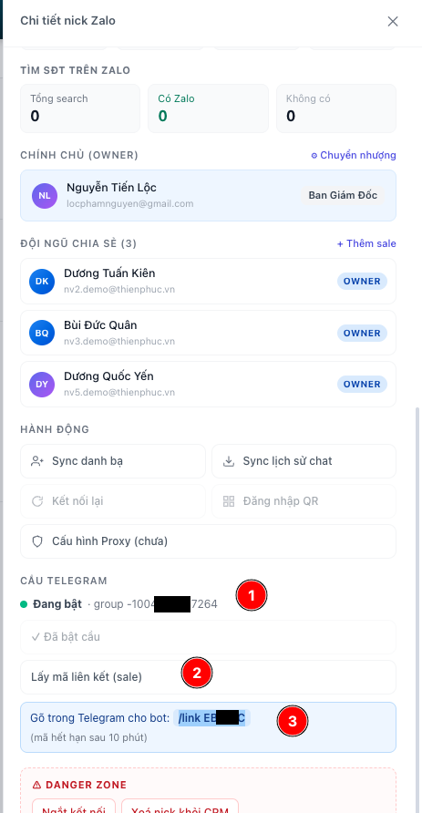 Mục Cầu Telegram trong chi tiết nick — trạng thái, bật cầu, lấy mã liên kết