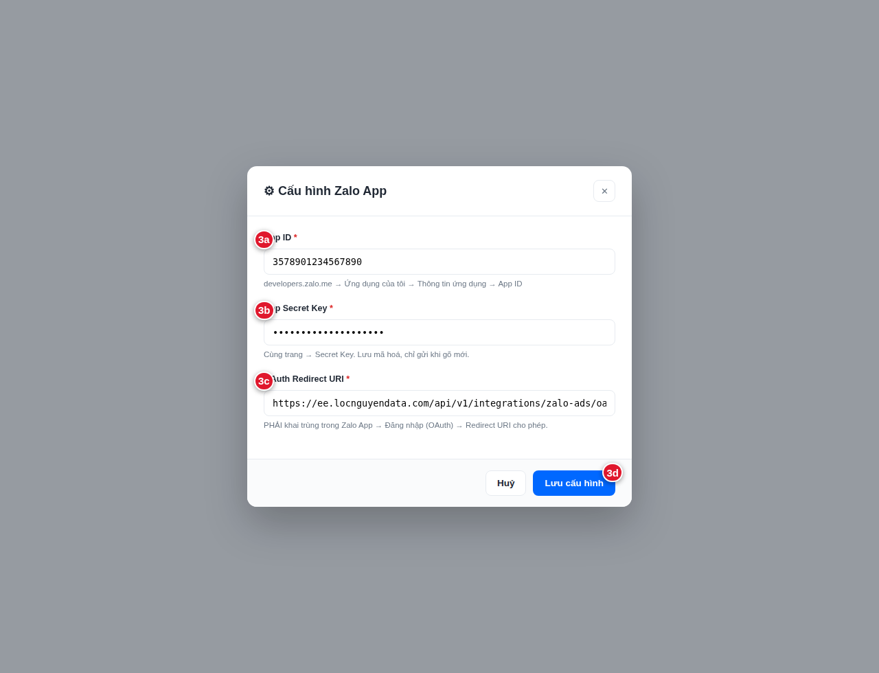 Modal Cấu hình Zalo App