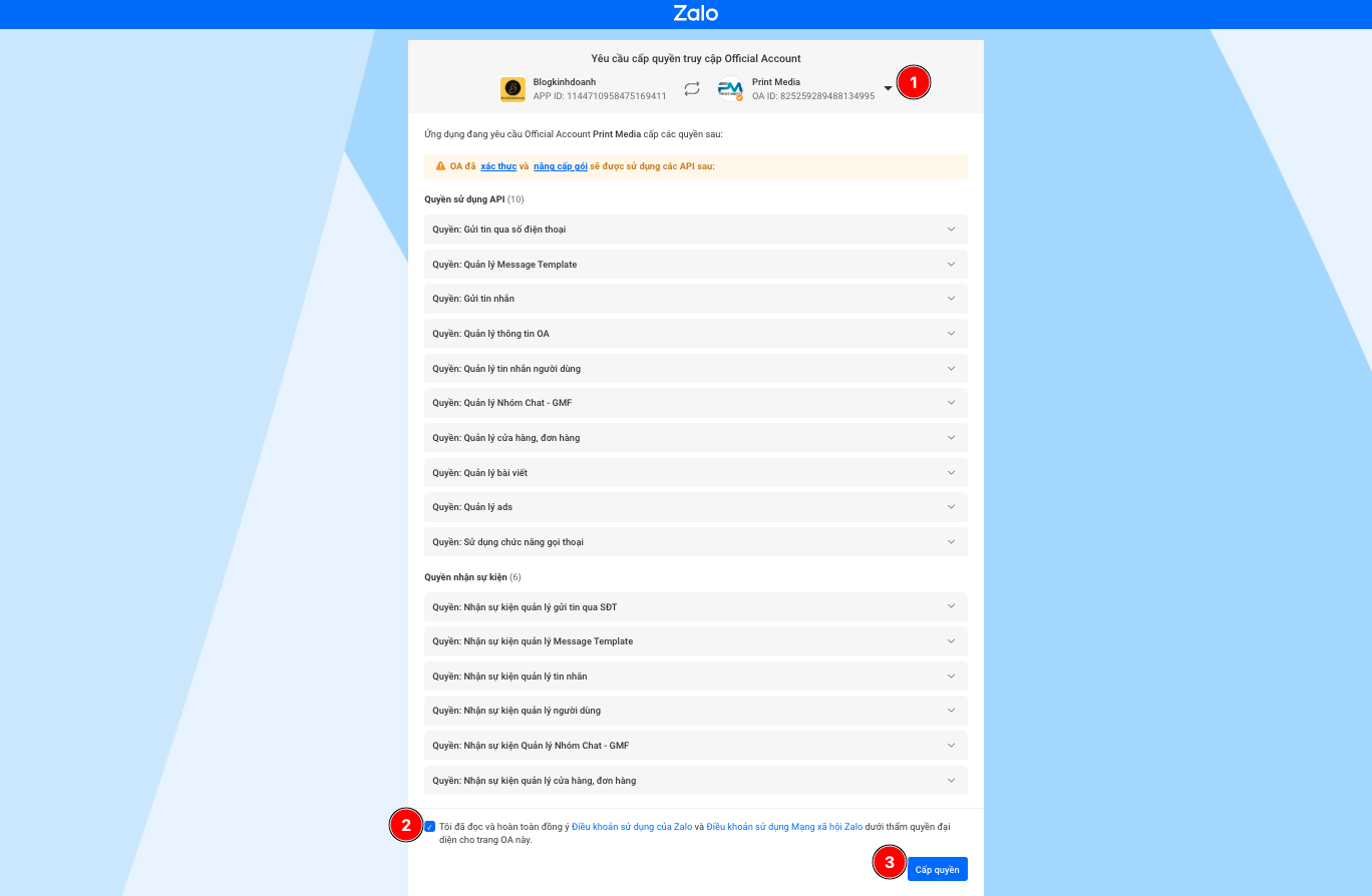Admin OA cấp quyền truy cập